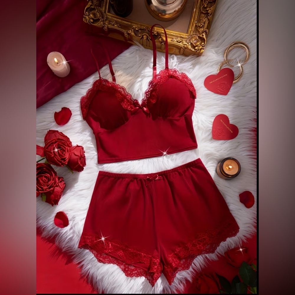 Elegant Red Lace Trim Sleepwear Set